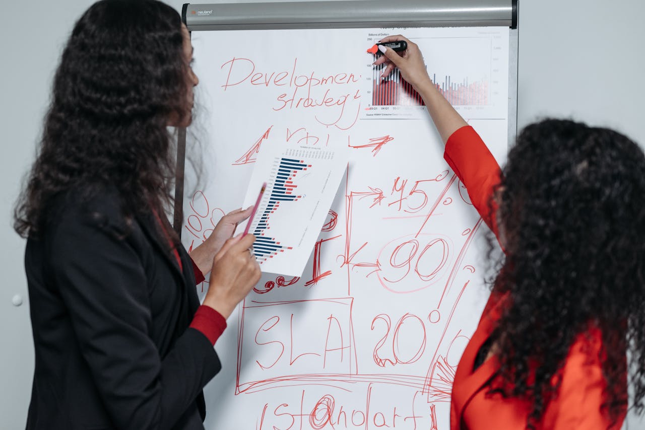 services-img Two professional women discuss and strategize on business development in a modern office setting.